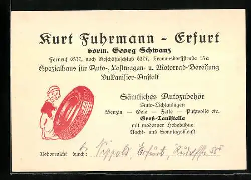 Vertreterkarte Erfurt, Kurt Fuhrmann (vormals Georg Schwanz), Vulkanisier Anstalt, Trommsdorffstrasse 13a, Reifenhandlung