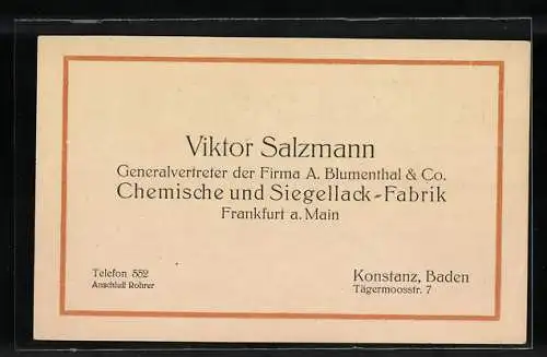 Vertreterkarte Frankfurt a. Main, Firma A. Blumenhtal & Co., Chemische und Siegellack-Fabrik, Vertreter Viktor Salzmann