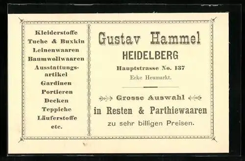 Vertreterkarte Heidelberg, Gustav Hammel, Stoffwarenhändler, Hauptstrasse 137