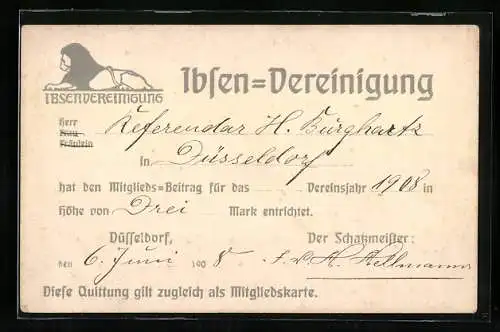 Vertreterkarte Düsseldorf, Ibsen-Vereinigung, Quittung über Beitragszahlung an Referendar H. Burghart
