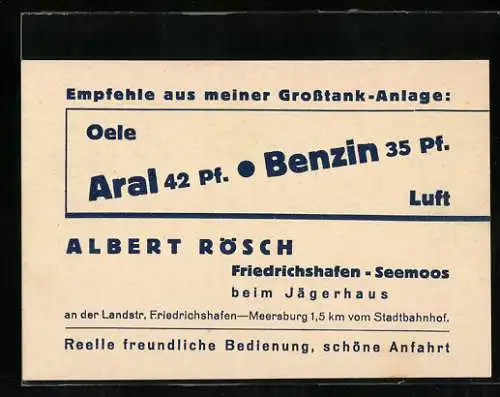 Vertreterkarte Friedrichshafen-Seemoos, Grosstank lager, Albert Rösch, beim Jägerhaus, Oele, Benzin