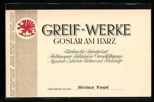 Vertreterkarte Goslar am Harz, Greif-Werke, Fabriken für Bürodbedarf, Vertreter. heinz Topf, Wappen