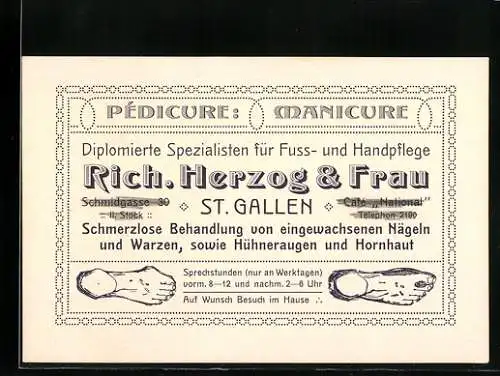 Vertreterkarte St. Gallen, rich. herzog & Frau, Diplomierte Spezialisten für Fuss- und Handpflege