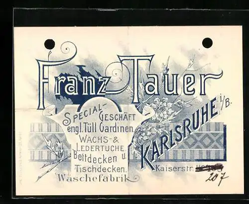 Vertreterkarte Karlsruhe i. B., Franz Tauer, Specialgeschäft engl. Tüll Gardinen, Kaiserstr. 207