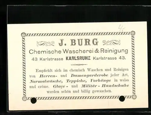 Vertreterkarte Karlsruhe, Chemische Wäscherei & Reinigung J. Burg, Karlstrasse 43