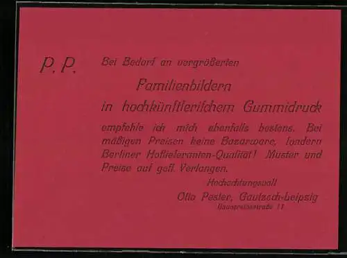 Vertreterkarte Gautzsch-Leipzig, Familienbilder in hochkünstlerichem Gummidruck, Otto Pester