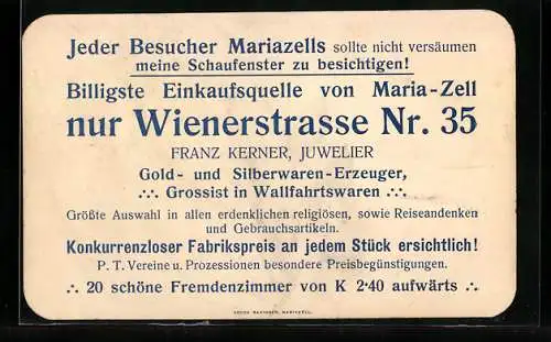 Vertreterkarte Maria-Zell, Juwelier Franz Kerner, Wienerstrasse 35