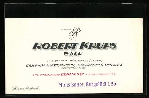 Vertreterkarte Wald (Rhld), Robert Krups, Erzeugnisse, Waagen, Gewichte, Hauswirtschaftl. Maschinen