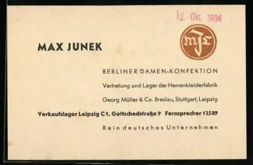 Vertreterkarte Leipzig, Max Junek, Berliner Damen-Konfektion