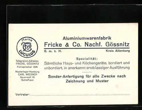 Vertreterkarte Gössnitz, Aluminiumwarenfabrik Fricke & Co., Nachf. GmbH, Marke Luculus