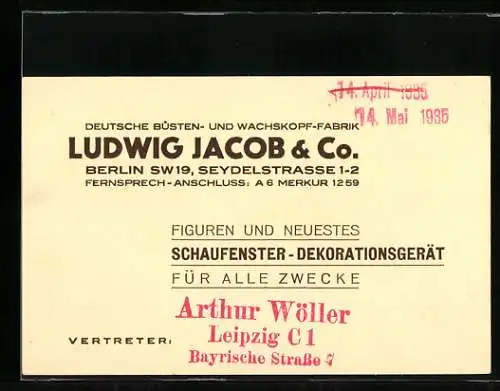 Vertreterkarte Berlin, Ludwig Jacob & Co., Deutshe Büsten- und Wachskopf-Fabrik, Seydelstrasse 1-2, Vertreter: Ar. Wöller