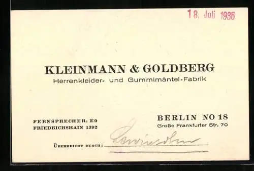 Vertreterkarte Berlin, Kleinmann & Goldberg, Herrenkleider- und Gummimäntel-Fabrik, Grosse Frankfurter Str. 70