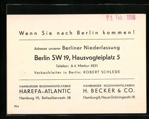 Vertreterkarte Berlin, Hamburger Regenmäntelfabrik, Hausvogteiplatz 5