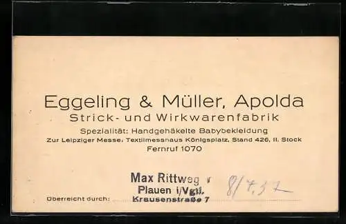 Vertreterkarte Apolda, Eggeling & Müller, Strick- und Wirkwarenfabrik