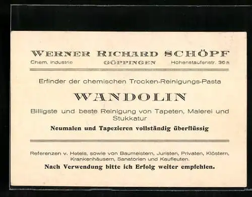 Vertreterkarte Göppingen, Werner Richard Schöpf, Erfinder der chemischen Trocken-Reinigungs-Pasta Wandolin