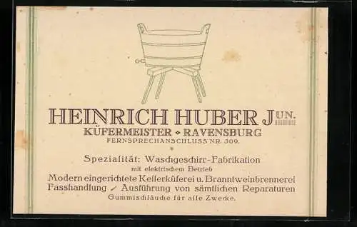 Vertreterkarte Ravensburg, Heinrich Uber jun., Küfermeister, Böttcher