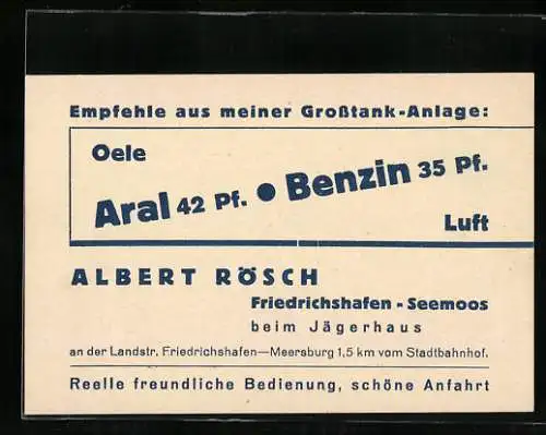 Vertreterkarte Friedrichshafen-Seemoos, Grosstank-Anlage, Albert Rösch, beim Jägerhaus