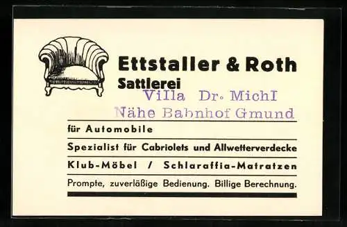 Vertreterkarte Gmund, Ettstaller & Roth, Sattlerei, Villa Dr. Michl