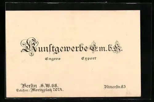 Vertreterkarte Berlin, Kunstgewerbe GmbH, Ritterstrasse 83