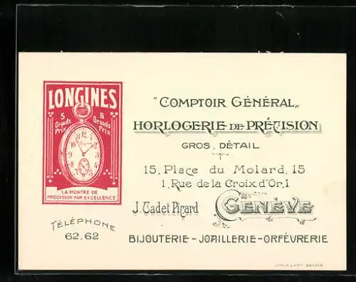 Vertreterkarte Geneve, Comptoir General Horlogerie de Precision, Place du Molard 15, J. Tadet Picard, Longines