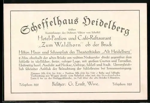 Vertreterkarte Heidelberg, Scheffelhaus Heidelberg, Hotel-Pension Zum Waldhorn Inh. G. Ernst, Wwe