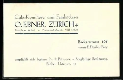 Vertreterkarte Zürich, Cafe-Konditorei und Feinbäckerei O. Ebner, Bäckerstrasse 101