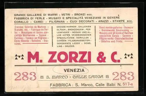 Vertreterkarte Venezia, M. Zorzi & C., Grandu Galleridi Marmi, Vetri, Bronzi