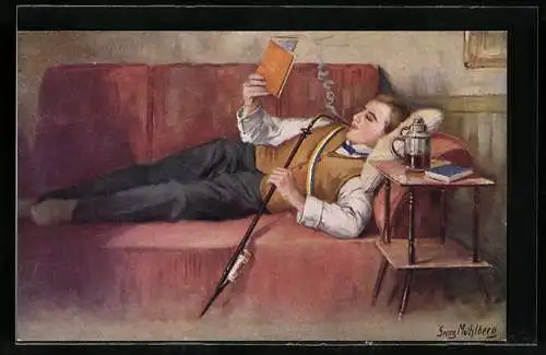 Künstler-AK Georg Mühlberg: Student raucht auf dem Sofa