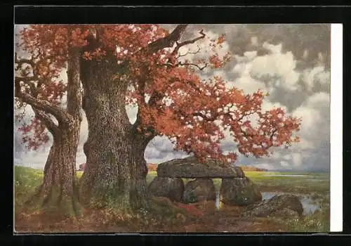 Künstler-AK Hermann Rüdisühli: Druidenstein mit herbstlichem Baum