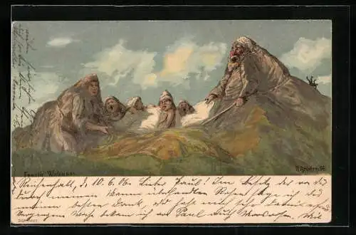Künstler-AK Rudolf Reschreiter: Watzmann-Sage, vermenschlichte Berge, Watzmann mit Familie, Berggesichter