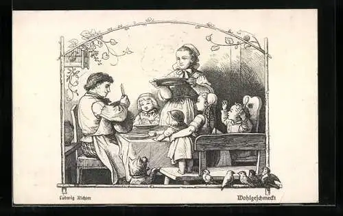 Künstler-AK Ludwig Richter: Wohlgeschmeckt, Familie am Esstisch