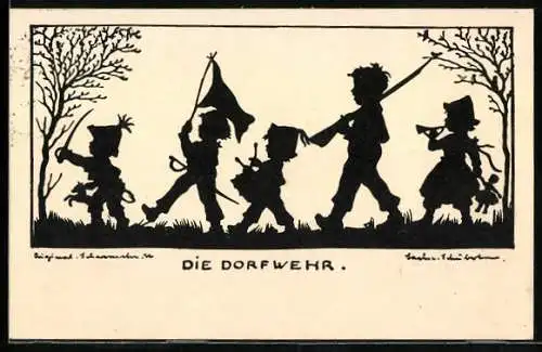 Künstler-AK M. Sachse-Schubert: Scherenschnitt, Die Dorfwehr, Kinder mit Schwert und Gewehr