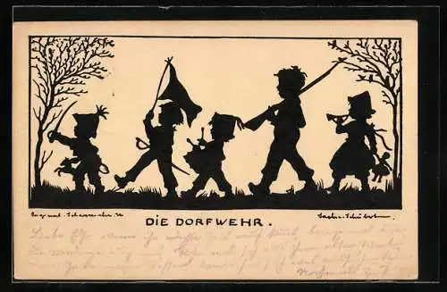 Künstler-AK M. Sachse-Schubert: Scherenschnitt, Die Dorfwehr, Kinder mit Schwert und Gewehr