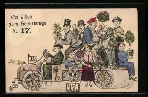 Künstler-AK W.I.: Blumenauto mit Glückwünschen zum 17. Geburtstag