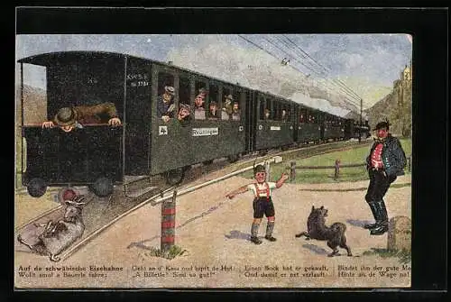 Künstler-AK Hans Boettcher: Ziege auf dem Gleis hinter der schwäbischen Eisenbahn, Bahnübergang
