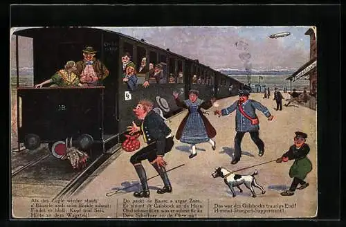 Künstler-AK Hans Boettcher: Eisenbahn im Bahnhof und Ziegenkopf an der Bahn, Zeppelin