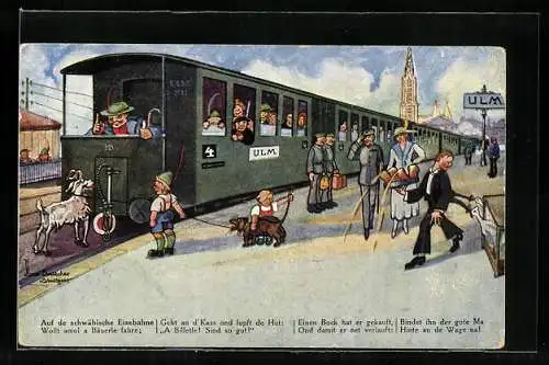 Künstler-AK Hans Boettcher: Ulm, Bahnhof, Die schwäbische Eisenbahn, Ziegenbock an den Zug gekettet