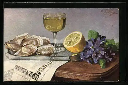 Künstler-AK M. Billing: Muscheln und Zitrone liegen auf einem Tablett