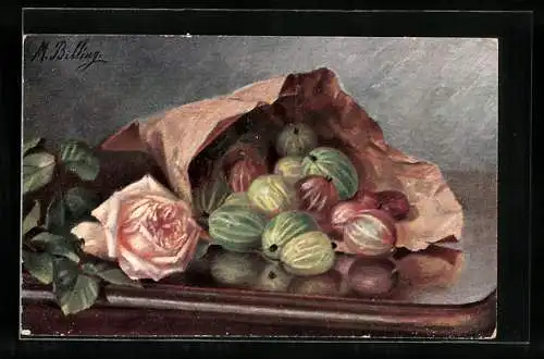 Künstler-AK M. Billing: Stillleben mit Rose und Stachelbeeren