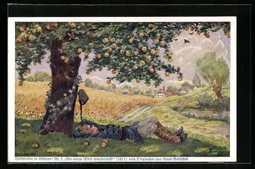 Künstler-AK Hans Baluschek: Junger Mann liegt unter einem Apfelbaum