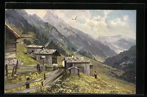 Künstler-AK M. Müller jun.: Dorf im Hochgebirge