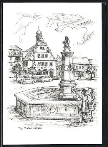 Künstler-AK Rodach /Coburg, Brunnen vor dem Rathaus