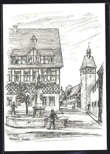 Künstler-AK Rodach /Coburg, Brunnen auf dem Markt