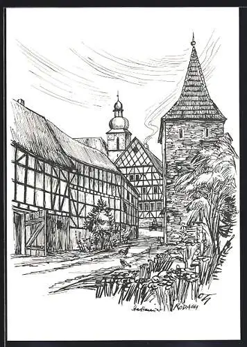 Künstler-AK Rodach /Coburg, Strassenpartie an der Stadtmauer