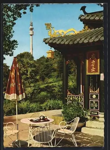 AK Dortmund, Japanisches Teehaus mit Fernmeldeturm Florianturm im Westfalenpark