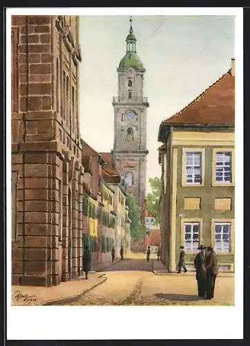 Künstler-AK Erlangen, Blick vom Schloss zur Neustädter Kirche nach einem Aquarell von Hans Schmitz