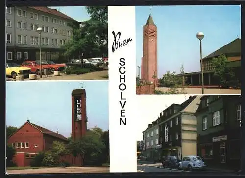 AK Buer-Scholven / Westf., Strassenpartie mit Geschäften, Kirche, Glockenturm