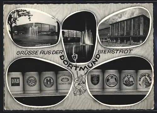 AK Dortmund, Hauptbahnhof, Westfalenhalle, Bierkrüge mit Motiven