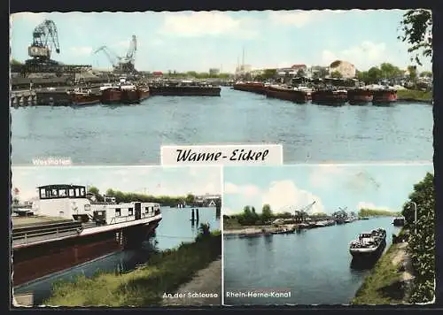 AK Wanne-Eickel, Westhafen, Rhein-Herne-Kanal, Partia an der Schleuse, Lastkähne