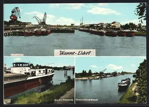 AK Wanne-Eickel, Westhafen, Dampfer an der Schleuse, Dampfer auf dem Rhein-Herne-Kanal